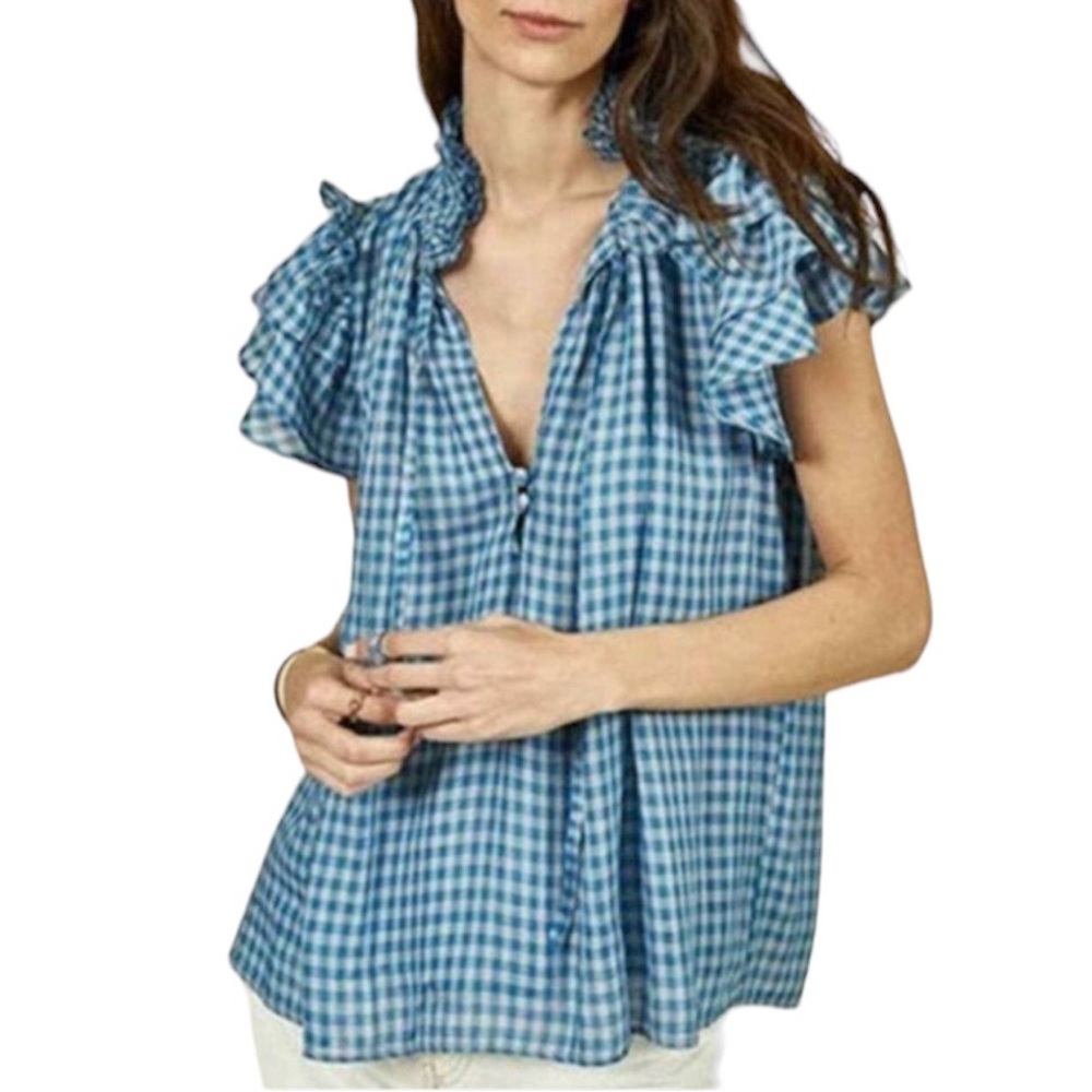 HUNTER BELL Blue Gingham Ruffle Sleeve Blouse